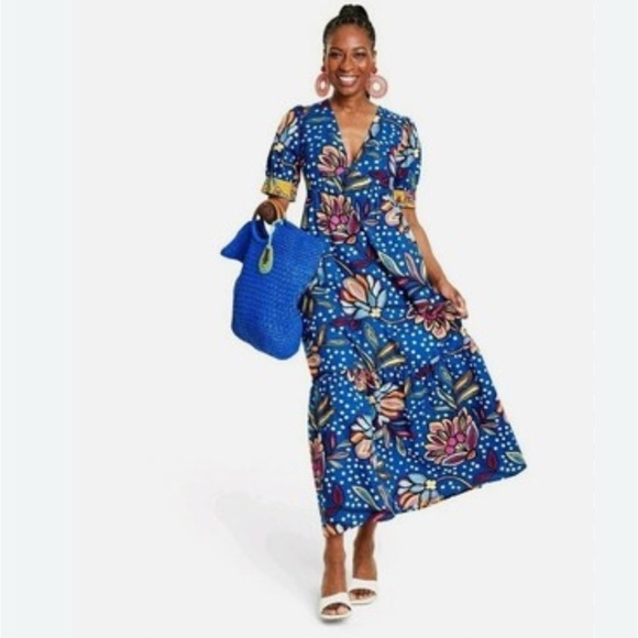 Tabitha Brown Dresses & Skirts - Tabitha Brown Vibrant Tropical  Floral V Neck Puff Sleeve Midi Dress SZ 4 Blue